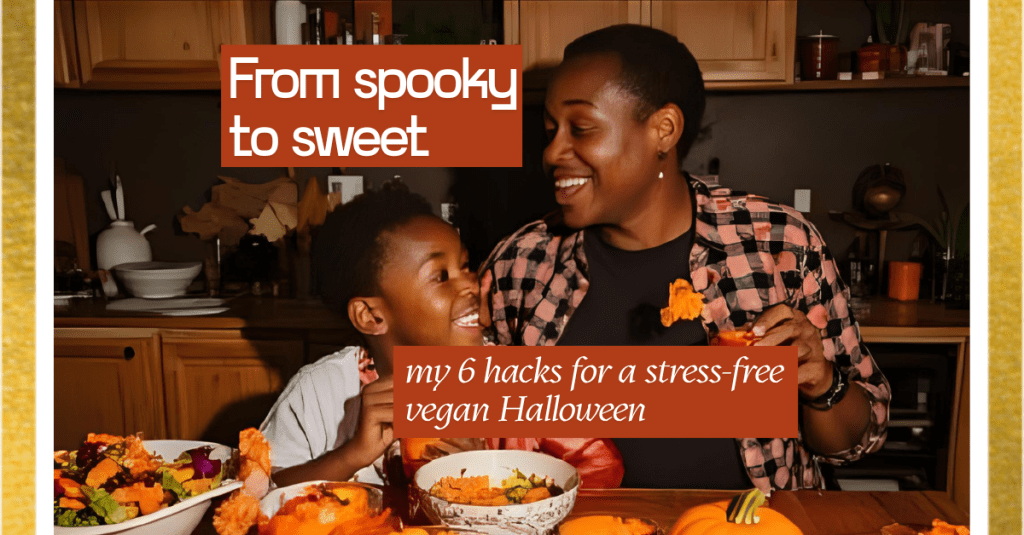 A smiling mother and child carve pumpkins together in a cozy kitchen, surrounded by vegan Halloween snacks, representing a fun and stress-free family celebration.